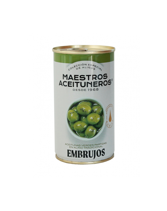 Oliwki MAESTROS EMBRUJOS puszka 350g zielone z pestką w tradycyjnej marynacie z oliwy i przypraw główny