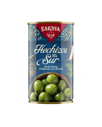 Oliwki SARASA Hechizos puszka 350g - zielone oliwki z pestką w zalewie z oliwą z oliwek oraz przyprawami