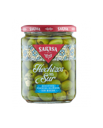Oliwki SARASA Hechizos słoik 410g - zielone oliwki bez pestki w zalewie z oliwą z oliwek oraz przyprawami