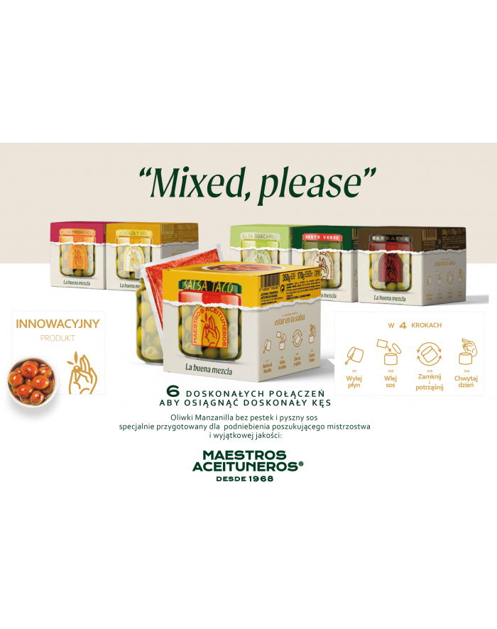 Oliwki z salsą - MAESTROS MIX SALSA TACO - o pikantnym smaku (295g. 45g. sosu) główny